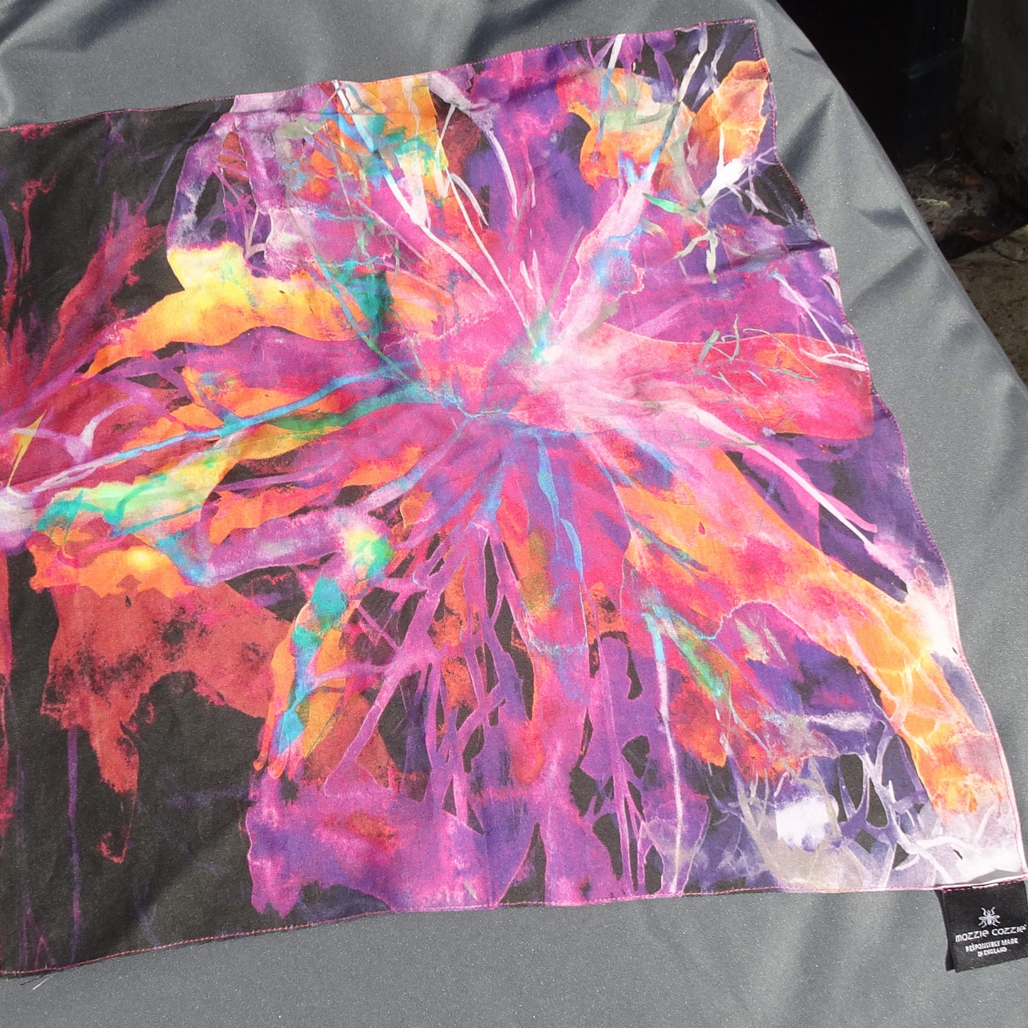 Mozzie Cozzie 50cm/50cm scarf in Winter Tundra Fire designed and printed in the UK with support from London College of Fashion first year print students.