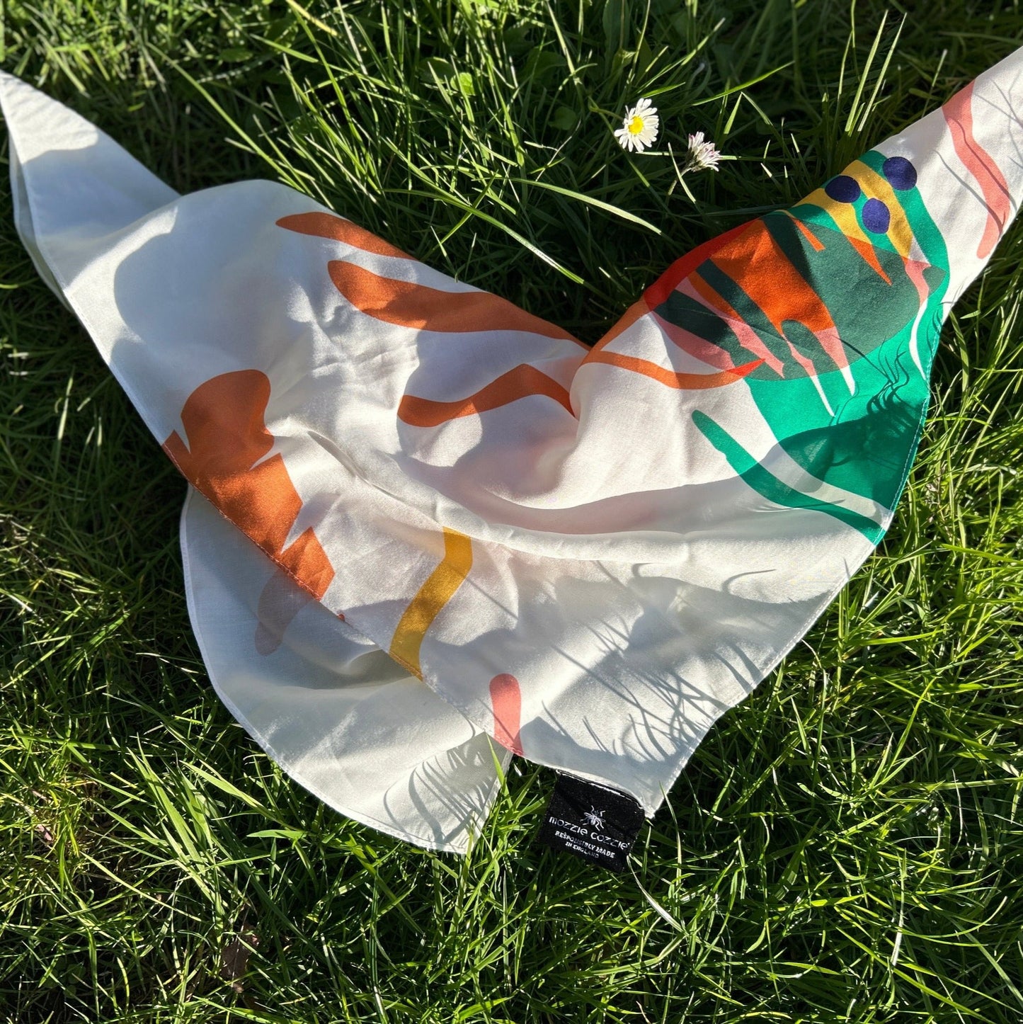 Mozzie Cozzie scarf - change the look and feel with our colours depending on how you fold it.  Digital print  for the season Tropical Summer Earth, printed on TENCEL by Lenzing AG.