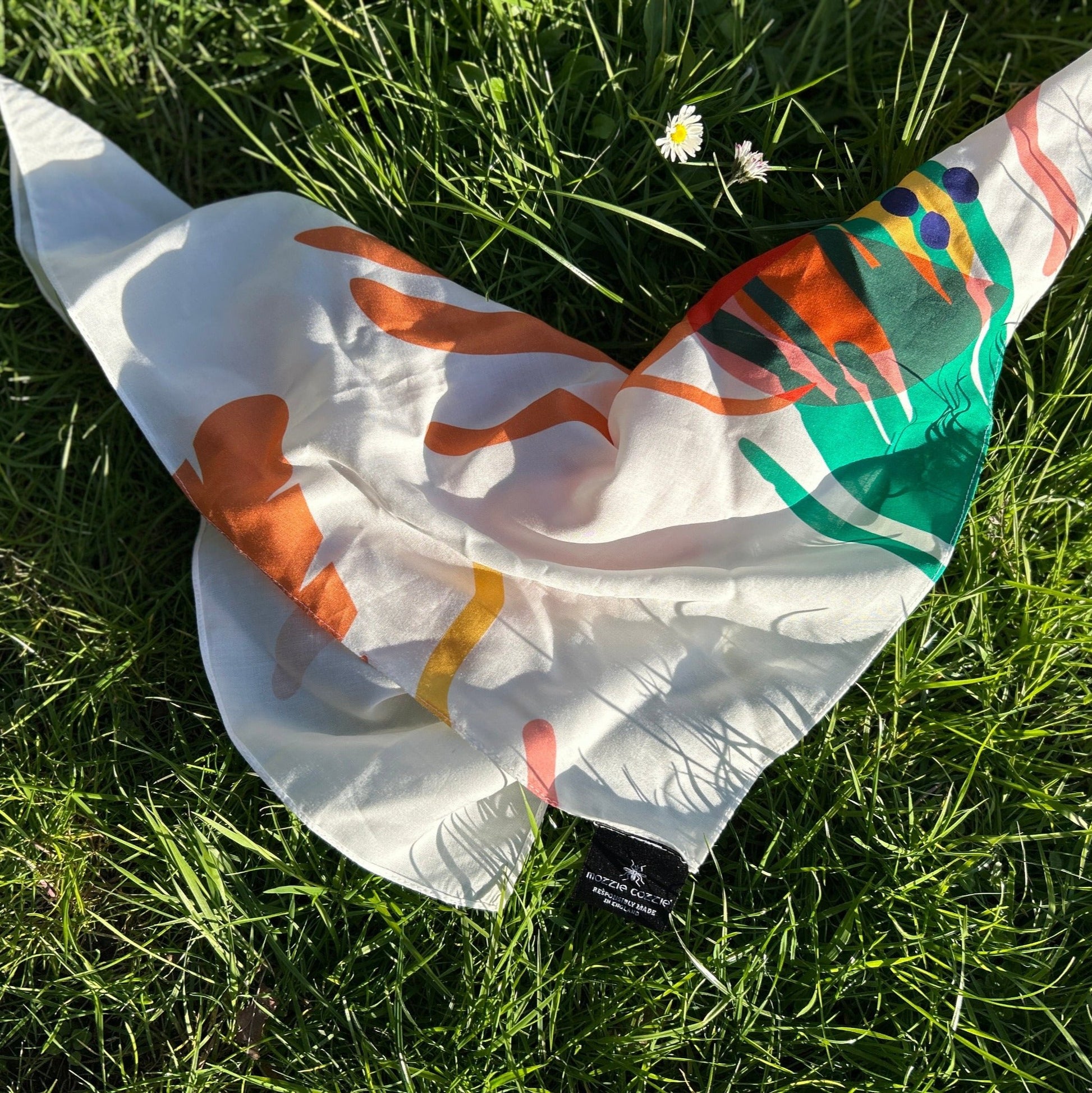 Mozzie Cozzie scarf - change the look and feel with our colours depending on how you fold it.  Digital print  for the season Tropical Summer Earth, printed on TENCEL by Lenzing AG.